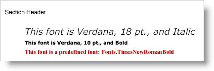 Shows several of the fonts available for use in PDFs, and is the results of the code listed below.